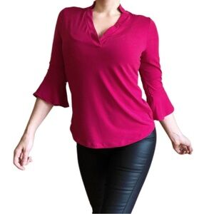 New York & Company Womens Blouse Small Pink V neck Flowy Dressy Office Top